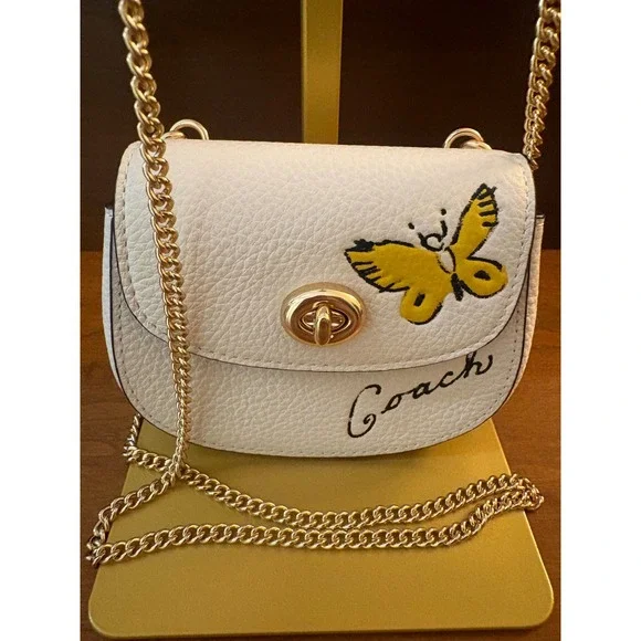 Coach Micro Crossbody Bag Womens Saddle Mini White Leather Butterfly Gold Chain - Picture 2 of 9